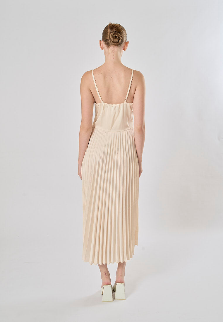 Urie Beige Buttons Up Pleated Midi Dress