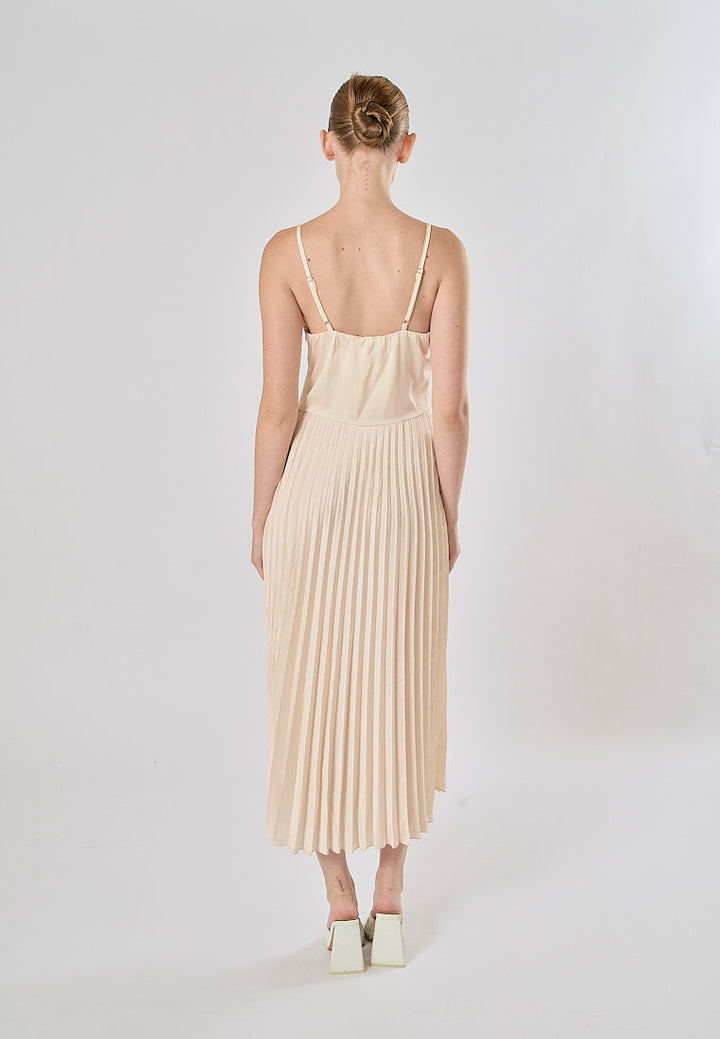Urie Beige Buttons Up Pleated Midi Dress