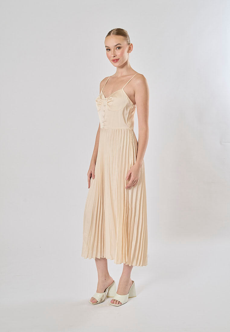 Urie Beige Buttons Up Pleated Midi Dress