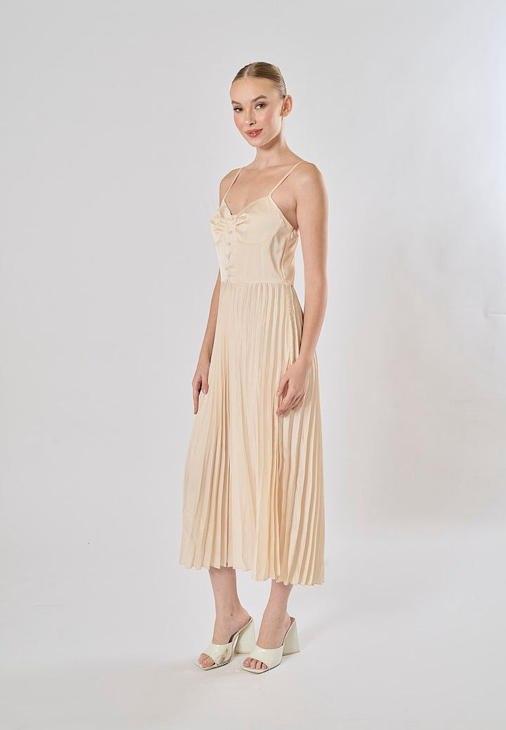 Urie Beige Buttons Up Pleated Midi Dress