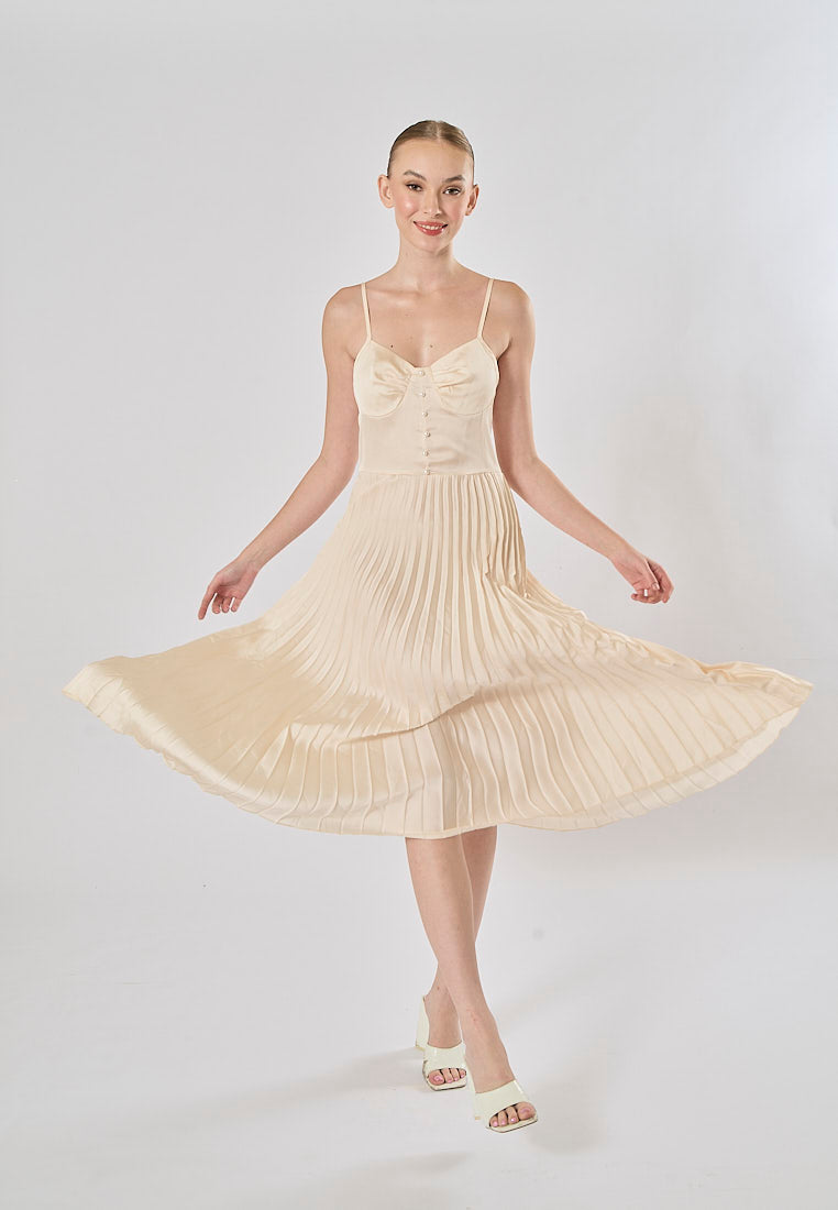Urie Beige Buttons Up Pleated Midi Dress
