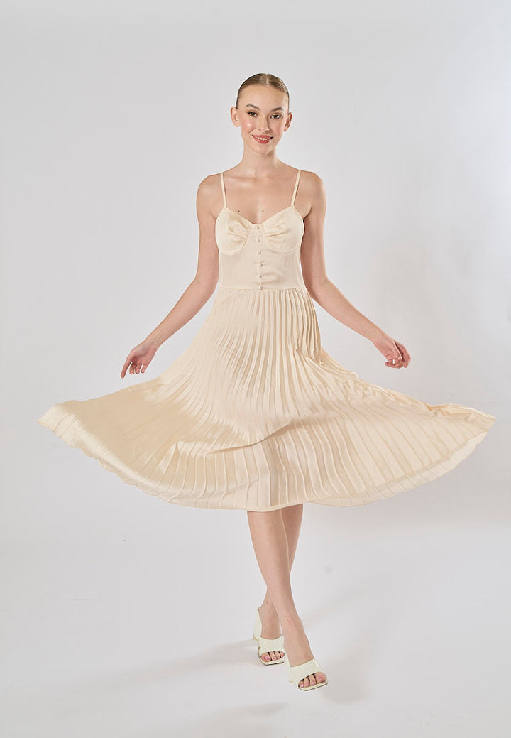 Urie Beige Buttons Up Pleated Midi Dress