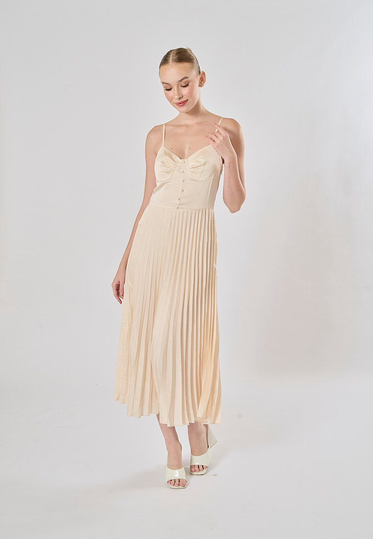 Urie Beige Buttons Up Pleated Midi Dress