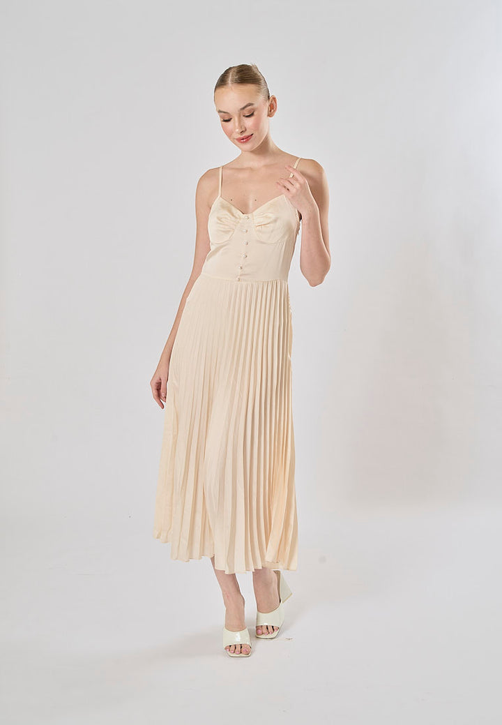 Urie Beige Buttons Up Pleated Midi Dress