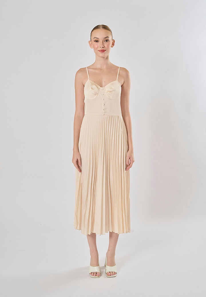 Urie Beige Buttons Up Pleated Midi Dress