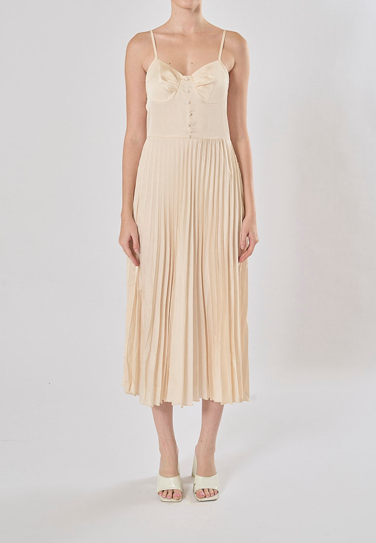Urie Beige Buttons Up Pleated Midi Dress