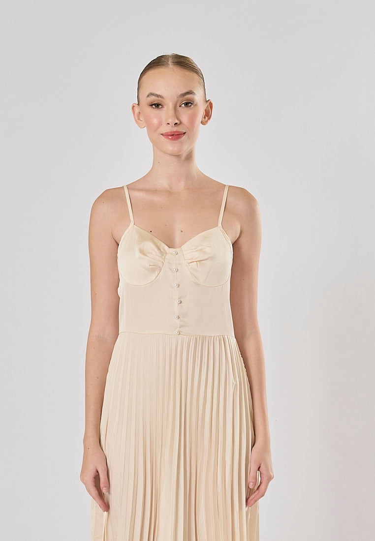 Urie Beige Buttons Up Pleated Midi Dress