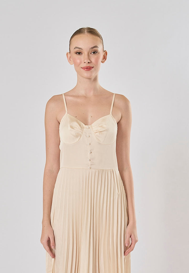 Urie Beige Buttons Up Pleated Midi Dress