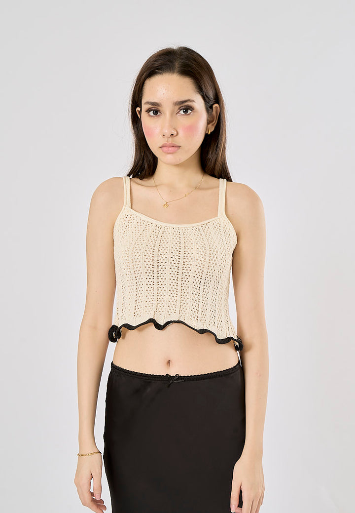 Nako Beige With Black Lining Spaghetti Strap Knitted Crop Top