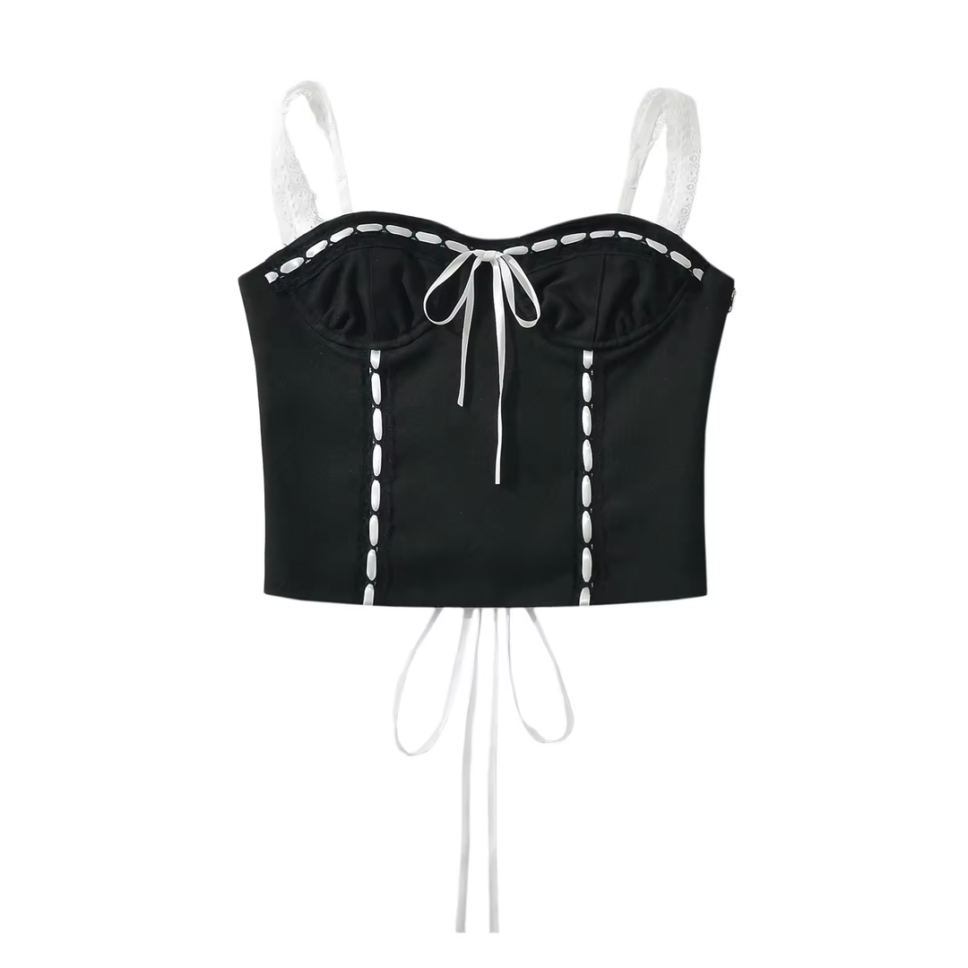 Calytrix Black Lace White Spliced Side Zipper Criss Cross Back Cami Top
