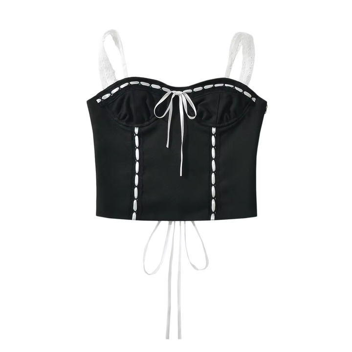 Calytrix Black Lace White Spliced Side Zipper Criss Cross Back Cami Top