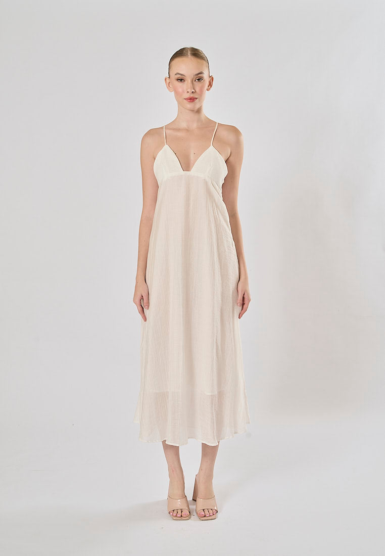 Yuan White V Neckline Sleeveless Criss Cross Back Maxi Dress