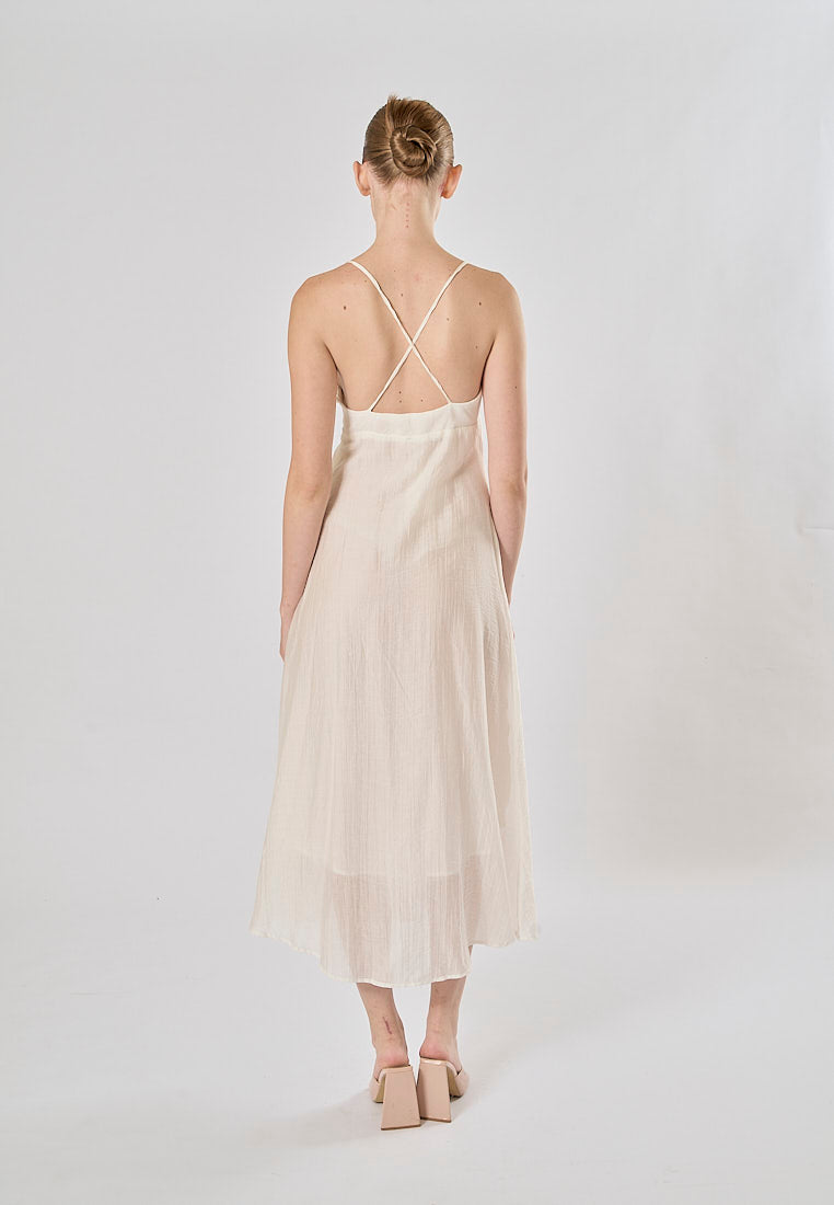 Yuan White V Neckline Sleeveless Criss Cross Back Maxi Dress