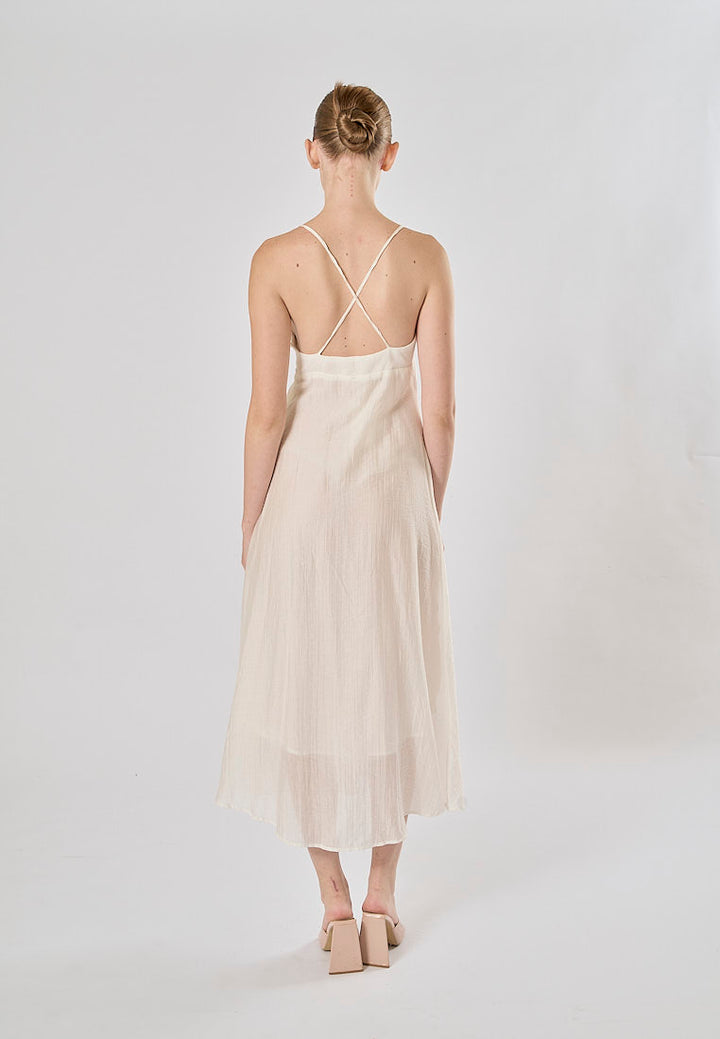 Yuan White V Neckline Sleeveless Criss Cross Back Maxi Dress