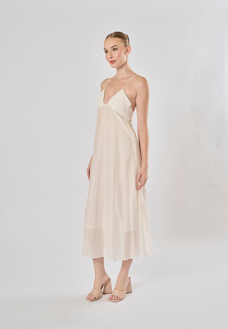 Yuan White V Neckline Sleeveless Criss Cross Back Maxi Dress