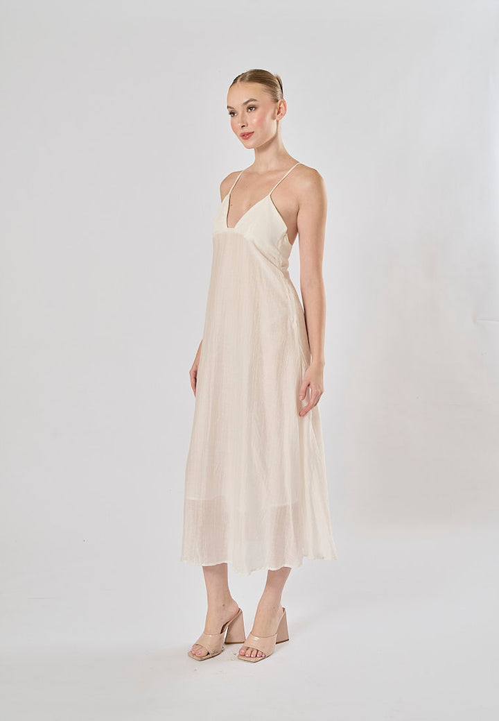 Yuan White V Neckline Sleeveless Criss Cross Back Maxi Dress