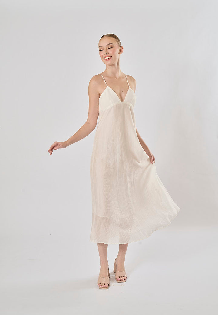 Yuan White V Neckline Sleeveless Criss Cross Back Maxi Dress