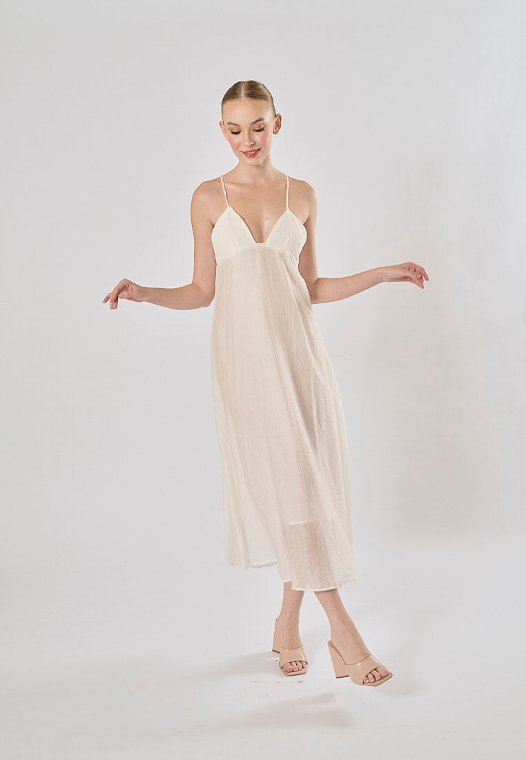 Yuan White V Neckline Sleeveless Criss Cross Back Maxi Dress