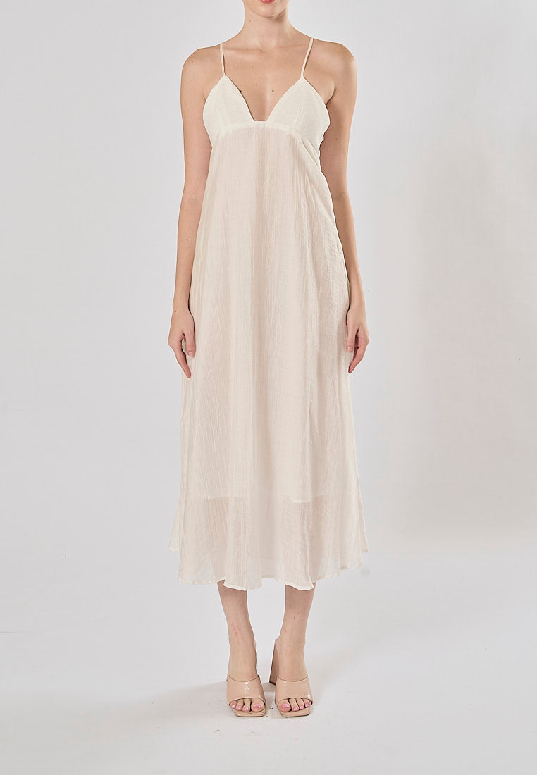 Yuan White V Neckline Sleeveless Criss Cross Back Maxi Dress