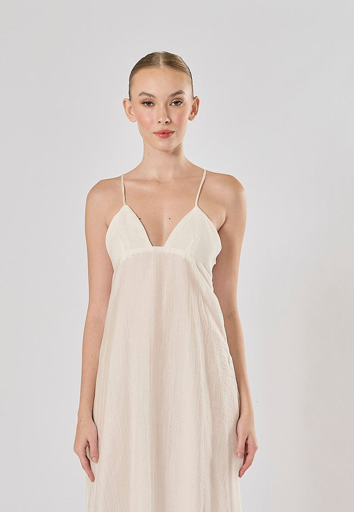 Yuan White V Neckline Sleeveless Criss Cross Back Maxi Dress