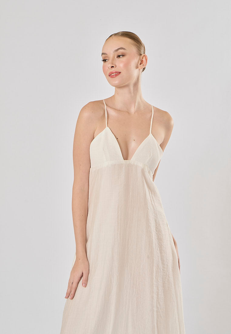 Yuan White V Neckline Sleeveless Criss Cross Back Maxi Dress