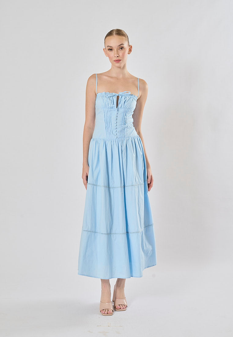 Olivette Blue Button Down Ruched Bust Square Neck Tiered Midi Dress