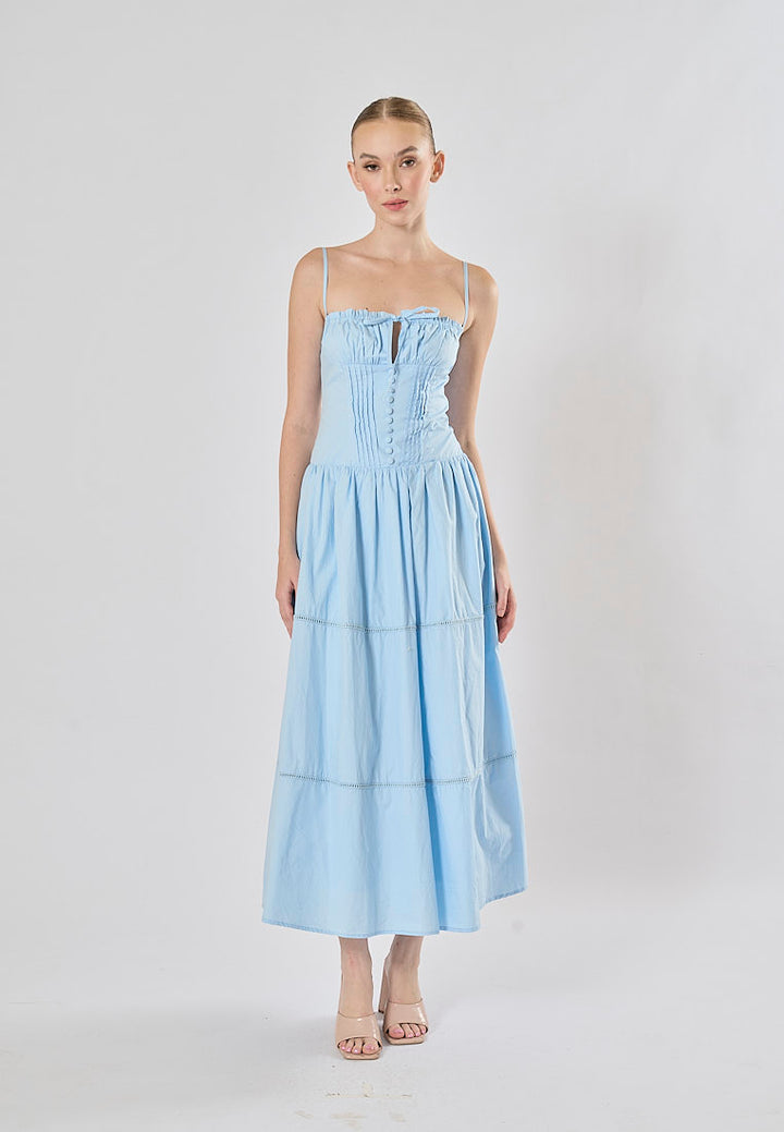Olivette Blue Button Down Ruched Bust Square Neck Tiered Midi Dress