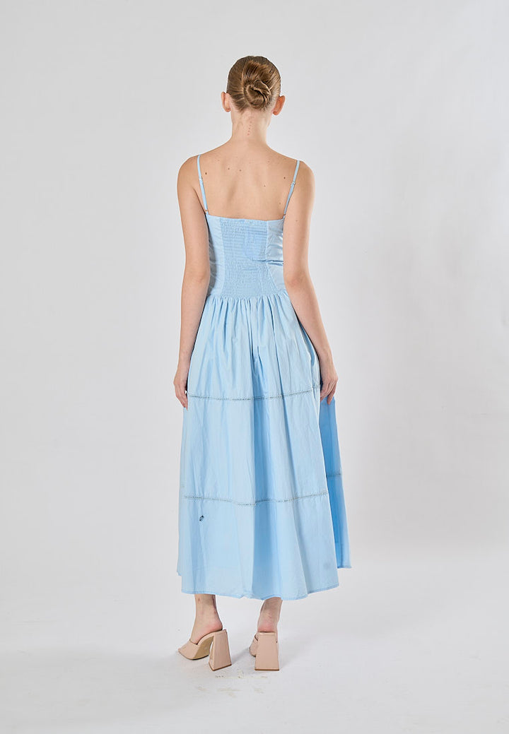 Olivette Blue Button Down Ruched Bust Square Neck Tiered Midi Dress