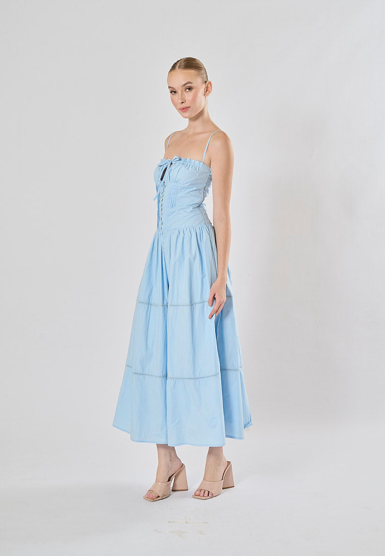Olivette Blue Button Down Ruched Bust Square Neck Tiered Midi Dress