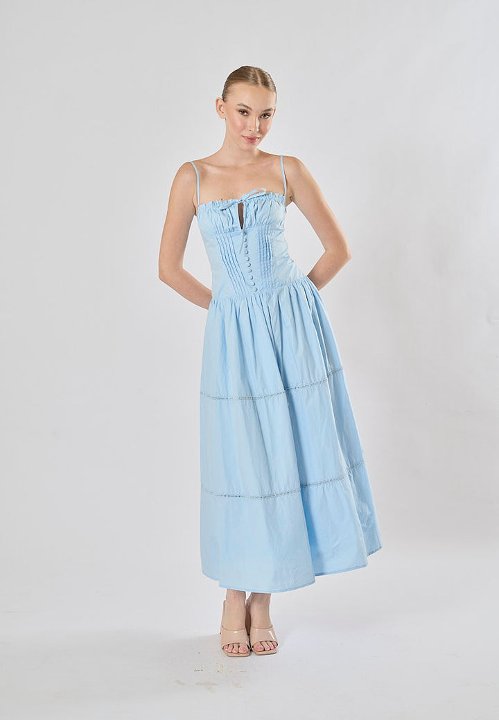 Olivette Blue Button Down Ruched Bust Square Neck Tiered Midi Dress