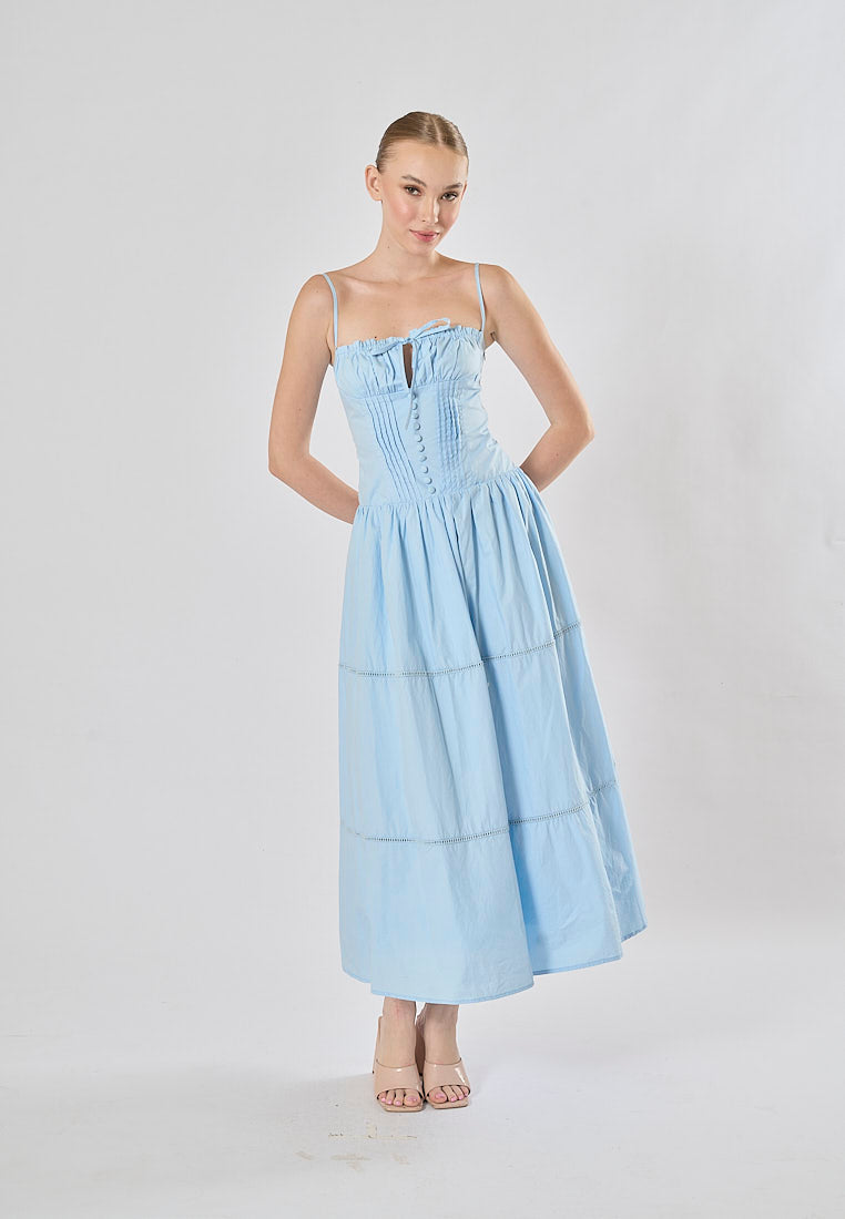 Olivette Blue Button Down Ruched Bust Square Neck Tiered Midi Dress