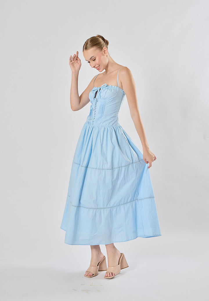 Olivette Blue Button Down Ruched Bust Square Neck Tiered Midi Dress