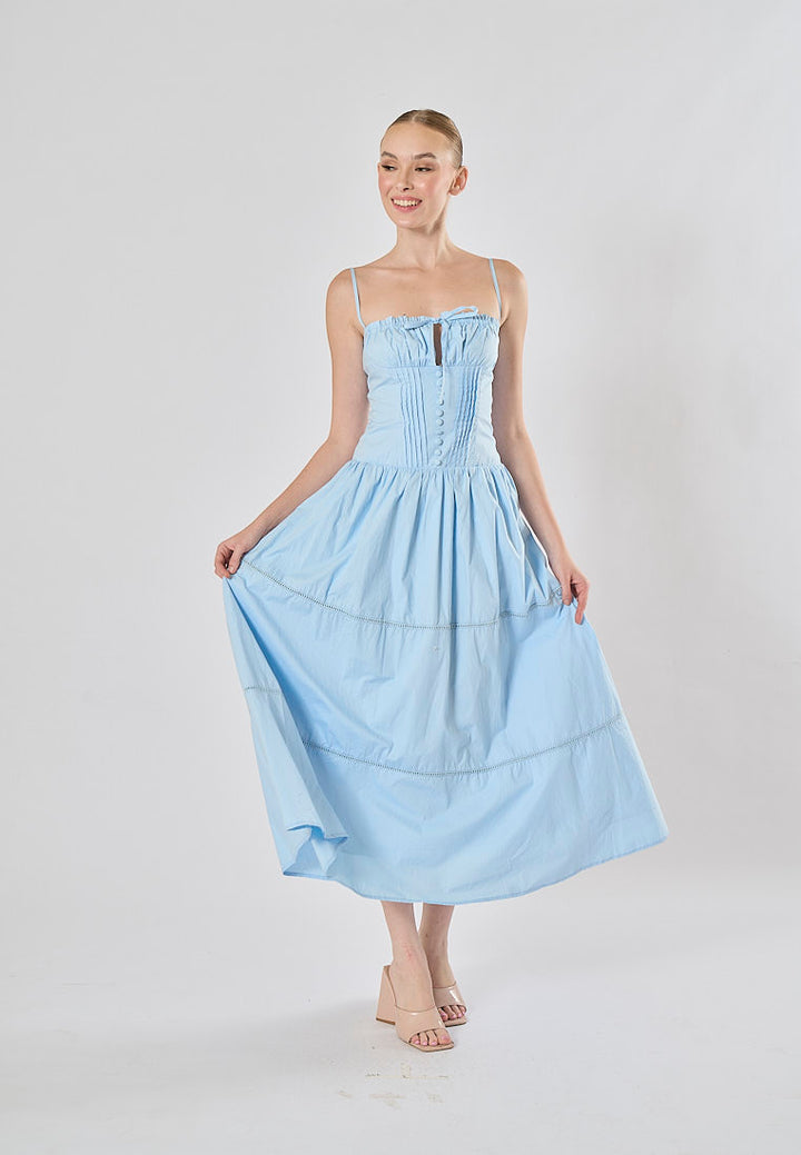 Olivette Blue Button Down Ruched Bust Square Neck Tiered Midi Dress