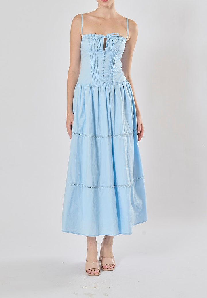 Olivette Blue Button Down Ruched Bust Square Neck Tiered Midi Dress