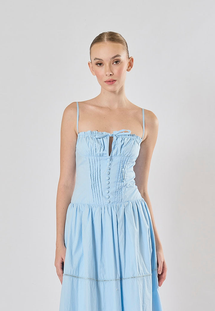Olivette Blue Button Down Ruched Bust Square Neck Tiered Midi Dress