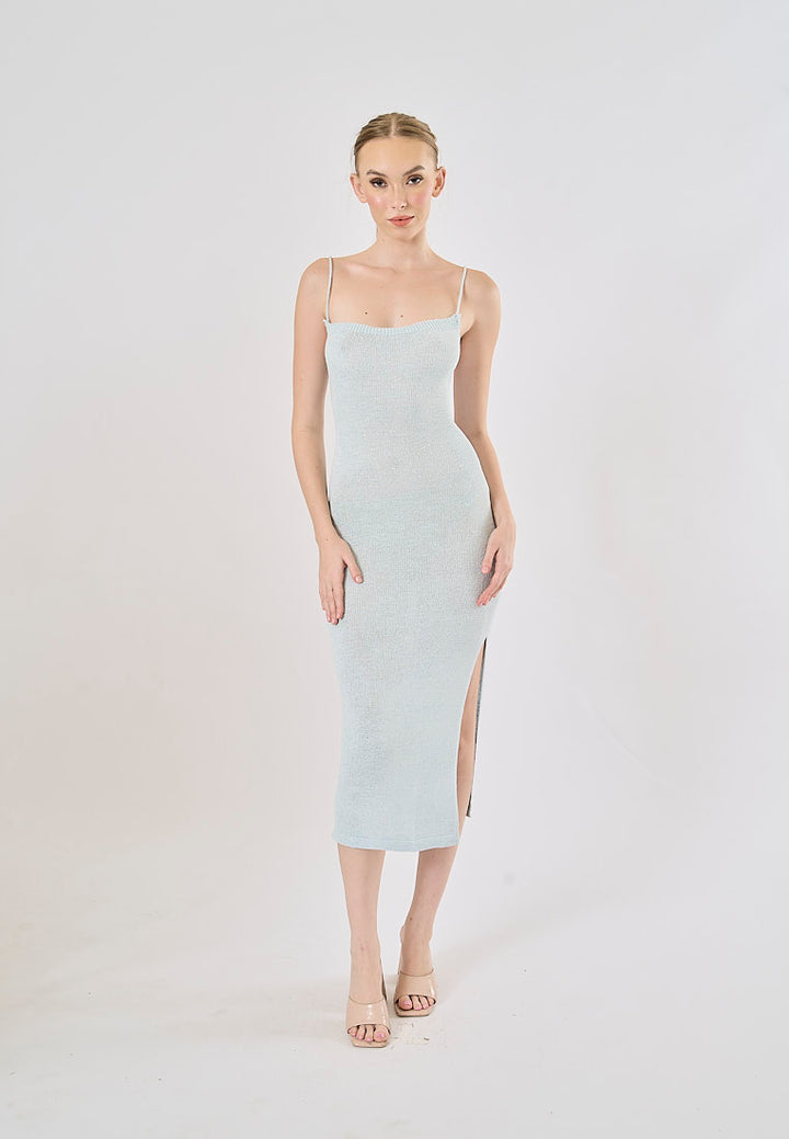Forsythia Powder Blue Back Cut Out High Split Maxi Dress