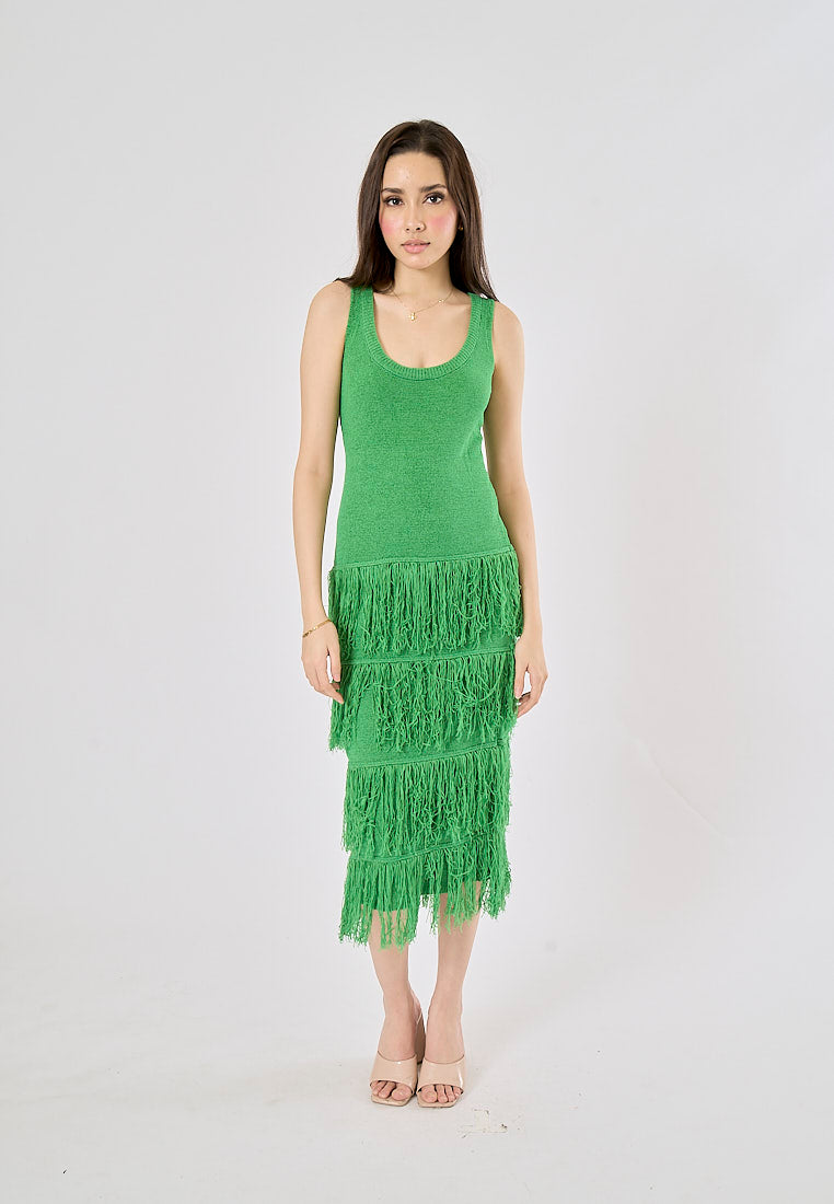 Rowella Green Round Neck Layer Fringe Knitted Top Sleeveless Midi Dress