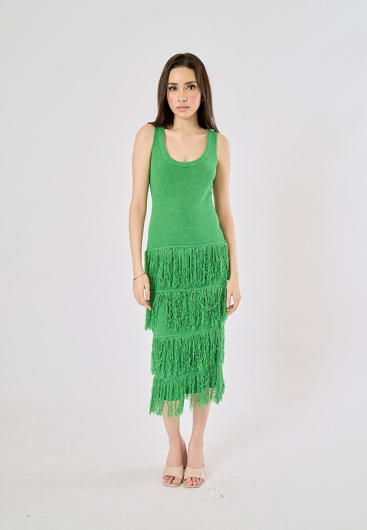 Rowella Green Round Neck Layer Fringe Knitted Top Sleeveless Midi Dress