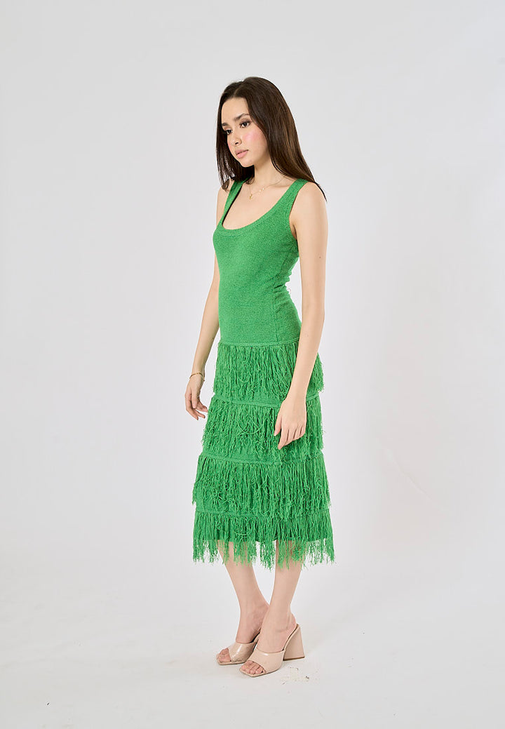 Rowella Green Round Neck Layer Fringe Knitted Top Sleeveless Midi Dress