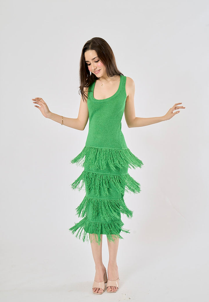 Rowella Green Round Neck Layer Fringe Knitted Top Sleeveless Midi Dress