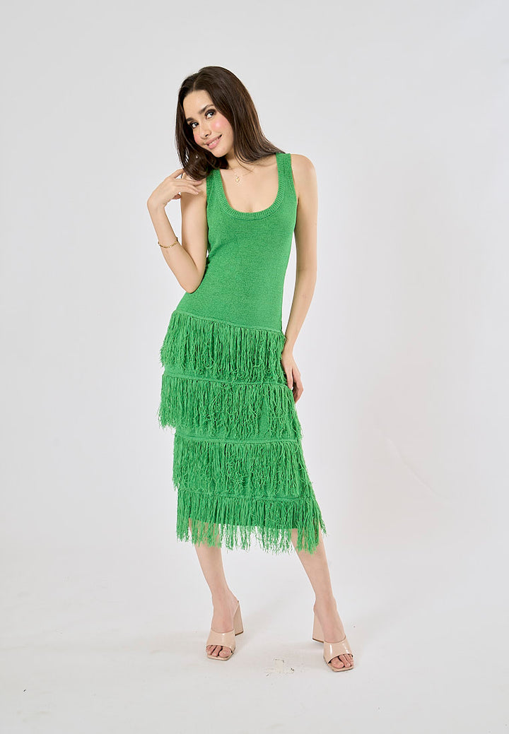 Rowella Green Round Neck Layer Fringe Knitted Top Sleeveless Midi Dress