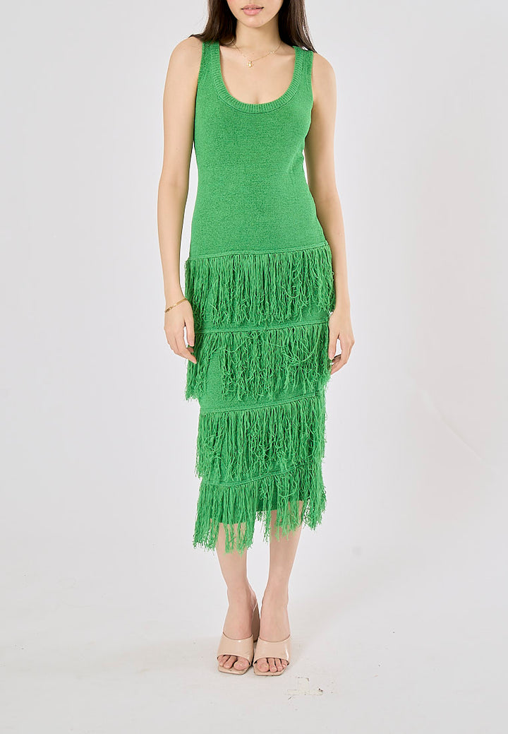 Rowella Green Round Neck Layer Fringe Knitted Top Sleeveless Midi Dress