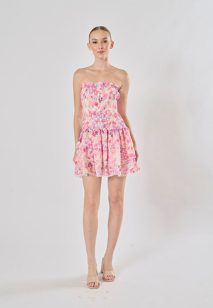 Zenny Pink Floral Print Smocked Tiered Mini Dress