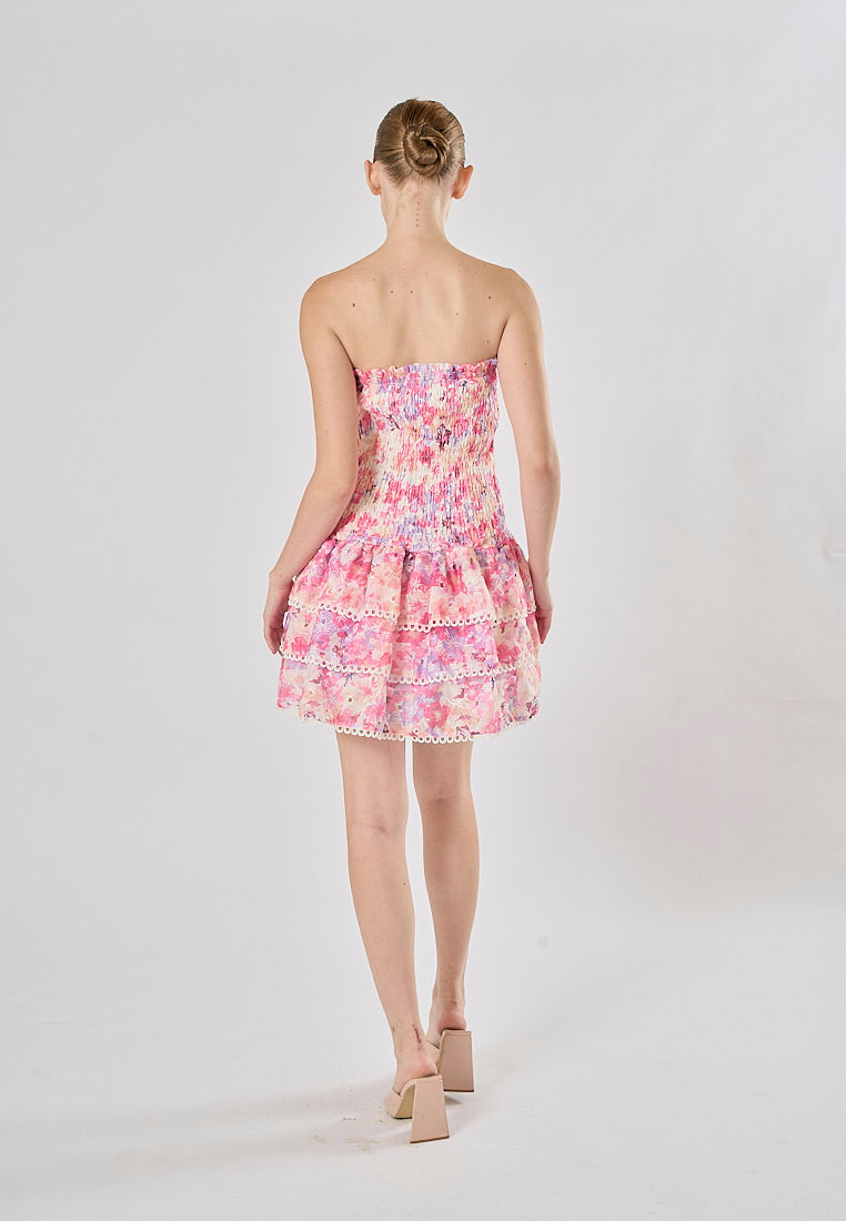 Zenny Pink Floral Print Smocked Tiered Mini Dress