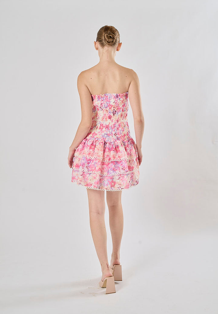 Zenny Pink Floral Print Smocked Tiered Mini Dress