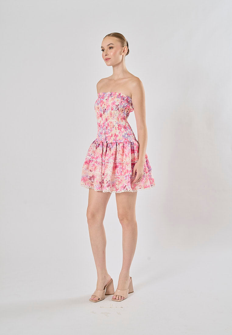 Zenny Pink Floral Print Smocked Tiered Mini Dress