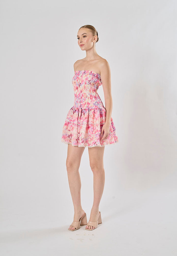 Zenny Pink Floral Print Smocked Tiered Mini Dress