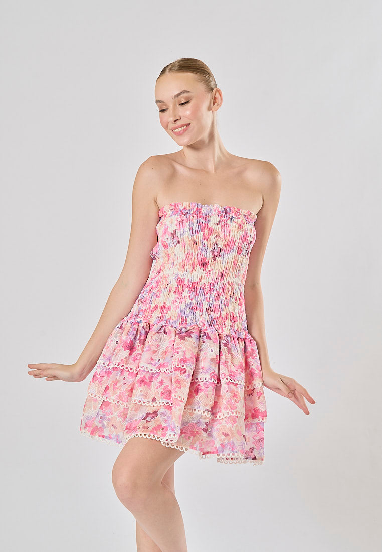 Zenny Pink Floral Print Smocked Tiered Mini Dress