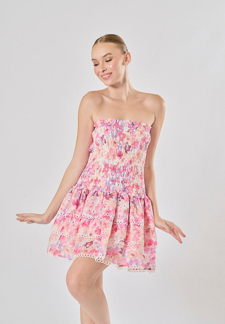 Zenny Pink Floral Print Smocked Tiered Mini Dress