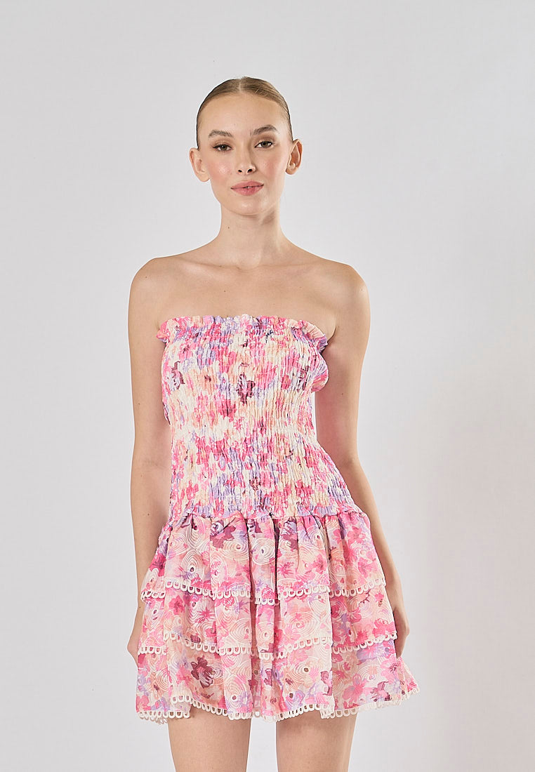 Zenny Pink Floral Print Smocked Tiered Mini Dress